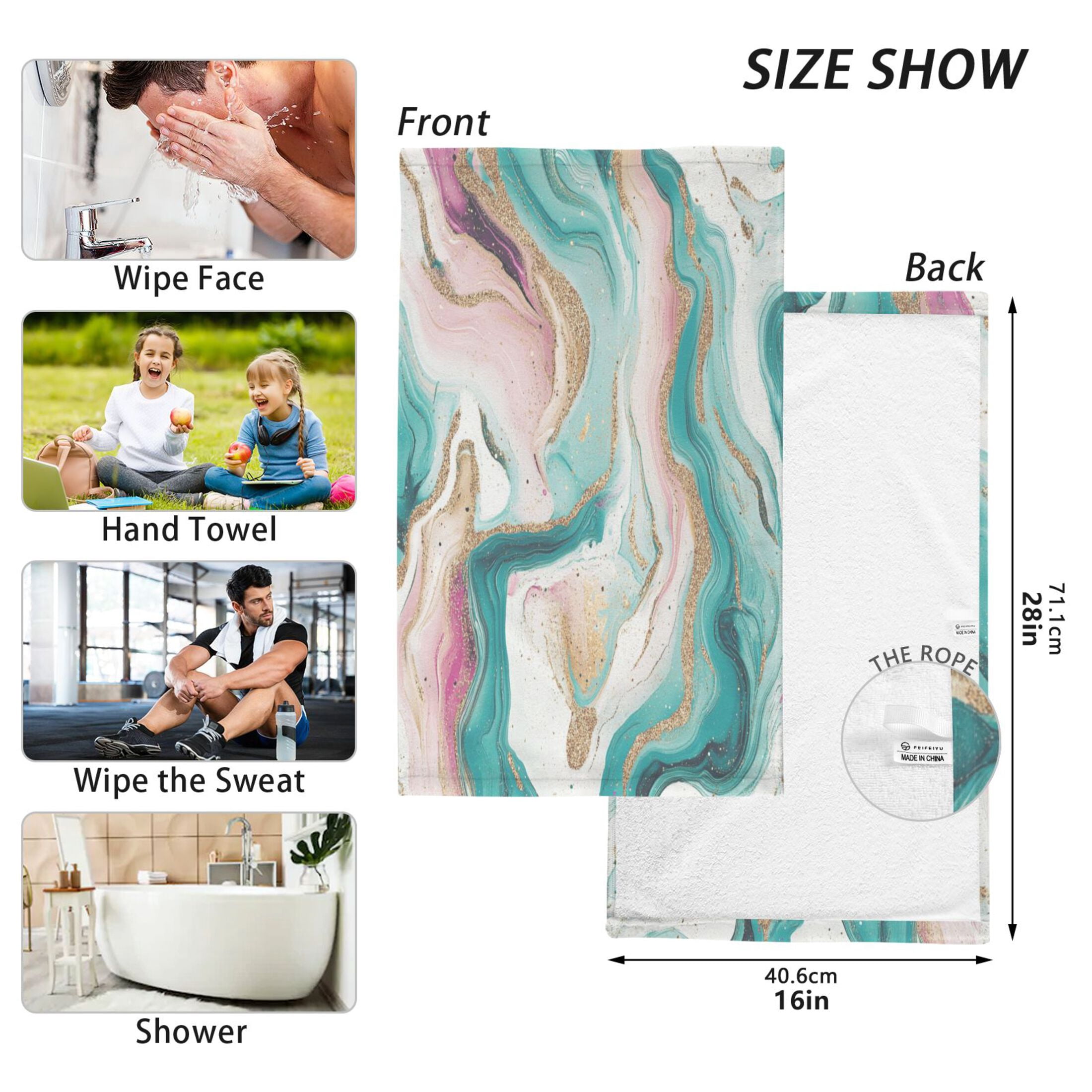 2 Pcs Absorbent Face Towel Bath Hand Towels Soft Breathable Cotton Towel Set for Bathroom Kitchen Hotel Spa Decor Teal Swirling Marble Pattern