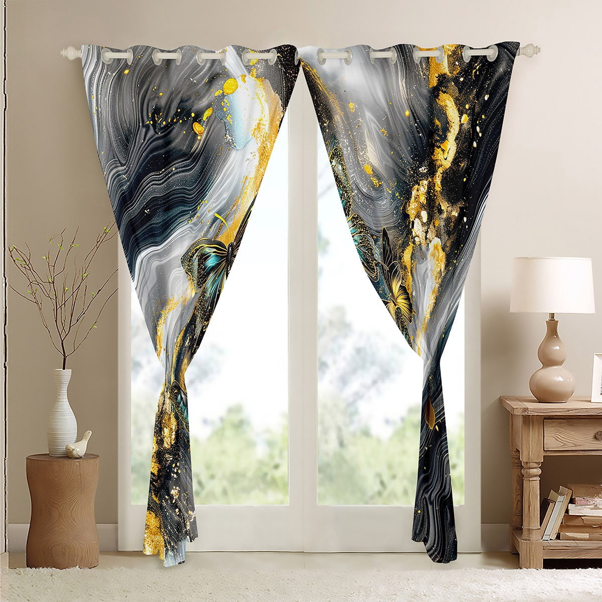 Black Marble 30%-50% Blackout Curtains Teal Butterfly Curtains & Drapes 2 Panels 38"Wx54"L,Gold Marbling Curtains Abstract Ombre Ink Fluid Art Window Curtains