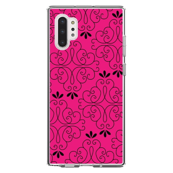 DistinctInk Clear Shockproof Hybrid Case for Galaxy Note 10 PLUS (6.8" Screen) - TPU Bumper, Acrylic Back, Tempered Glass Screen Protector - Neon Pink Black Floral Pattern