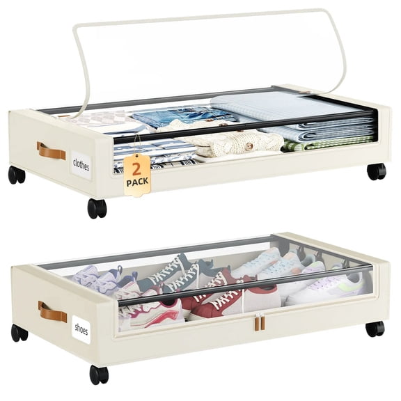 2 Pack Under Bed Storage Bins with Wheels and Dividers, Heavy-Duty Metal Frame Rolling Organizer with Clear View Window, Foldable Pull-Out Storage for Clothes, Shoes, Toys, Blankets and Seasonal Item
