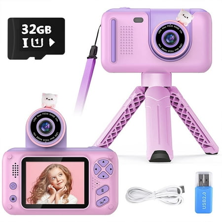 PURULU Kids Camera with Flip-up Lens for Selfie, HD Digital Camera for Kids 3 4 5 6 7 8 Year Old Girls Birthday Gifts with 32GB SD Card Included, Pink