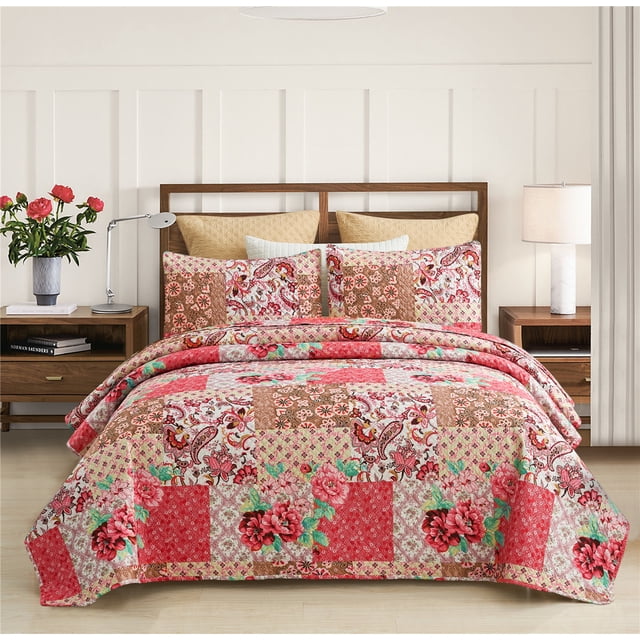 JML Quilt Set 3 Piece, Embossed Bedspread Bedding Set With 2 Shams, King, Pink & Green