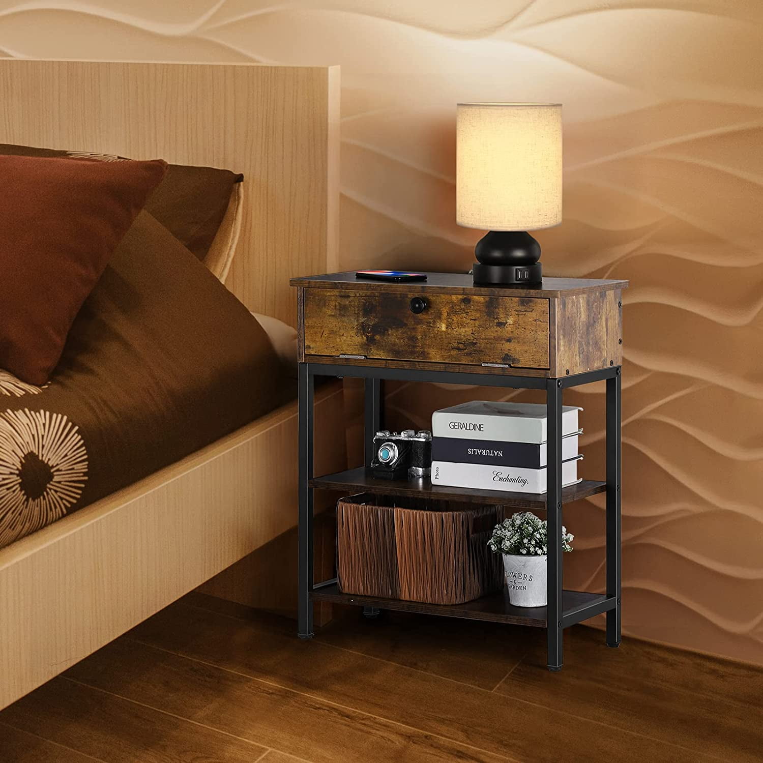 Oumilen End Table with Drawer and Charging Station, Brown