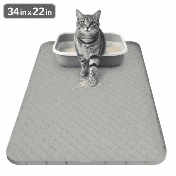 Cat Mat for Litter Box, Large 34" X 22" Cat Litter Mat, Waterproof Silicone Pad for Floor, Gray