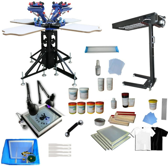 INTBUYING 4 Color 4 Station Silk Screen Printing Kit Press Machine Flash Dryer DIY T-shirt Tools with Flash Dryer Exposure Ink Screen