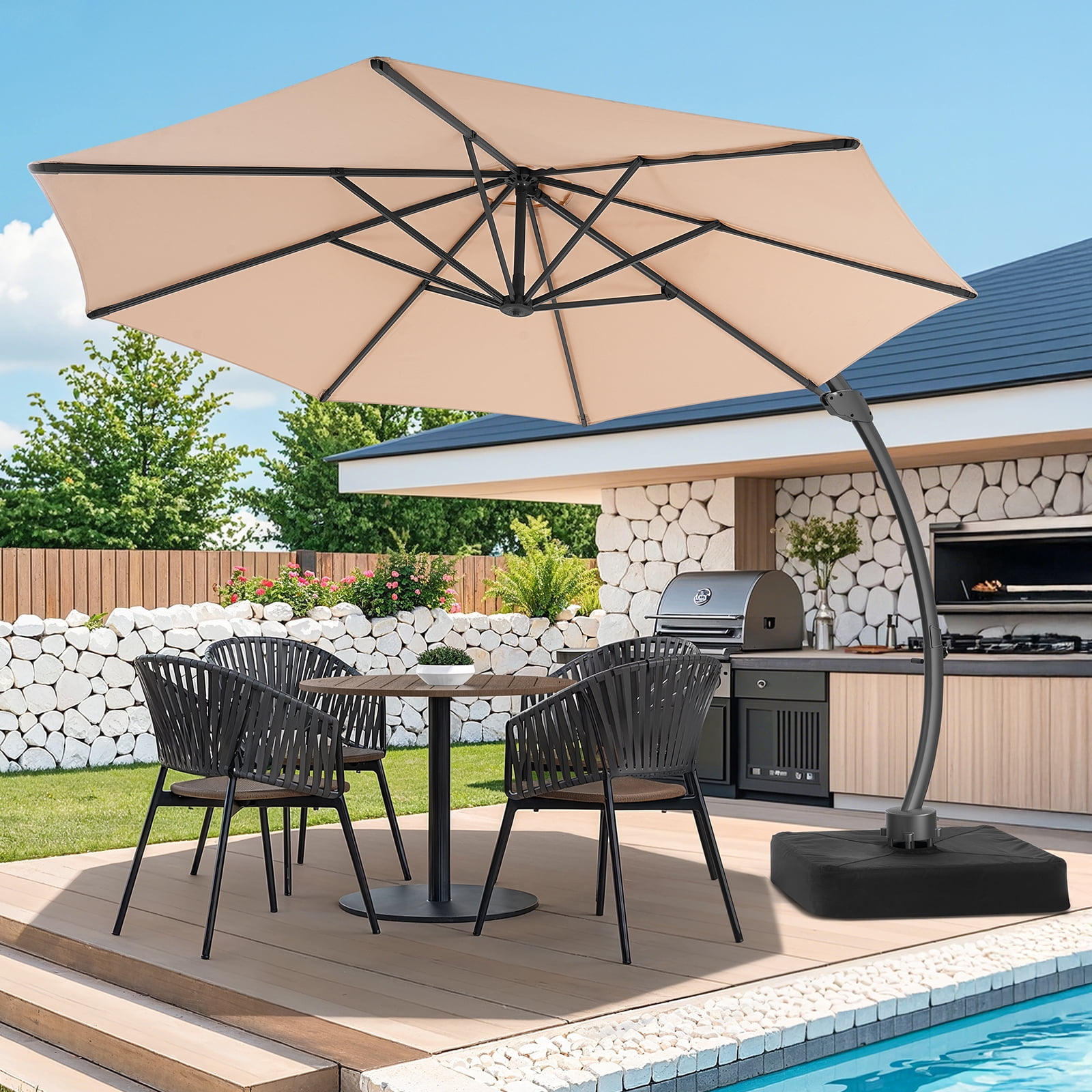 Dovov 11ft Patio Umbrella with Base, Aluminum Deluxe Round Curvy Cantilever Umbrella Large 360° Rotation Offset Hanging Outdoor Market Umbrellas for Lawn Garden Deck Backyard Pool, Champagne