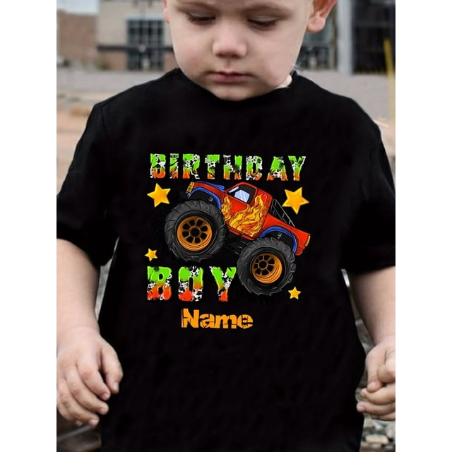 Camiseta de cumpleaños de Monster Truck para niño, diseño todoterreno vibrante, 100 % algodón, cuello redondo informal, lavable a máquina para primavera/verano.