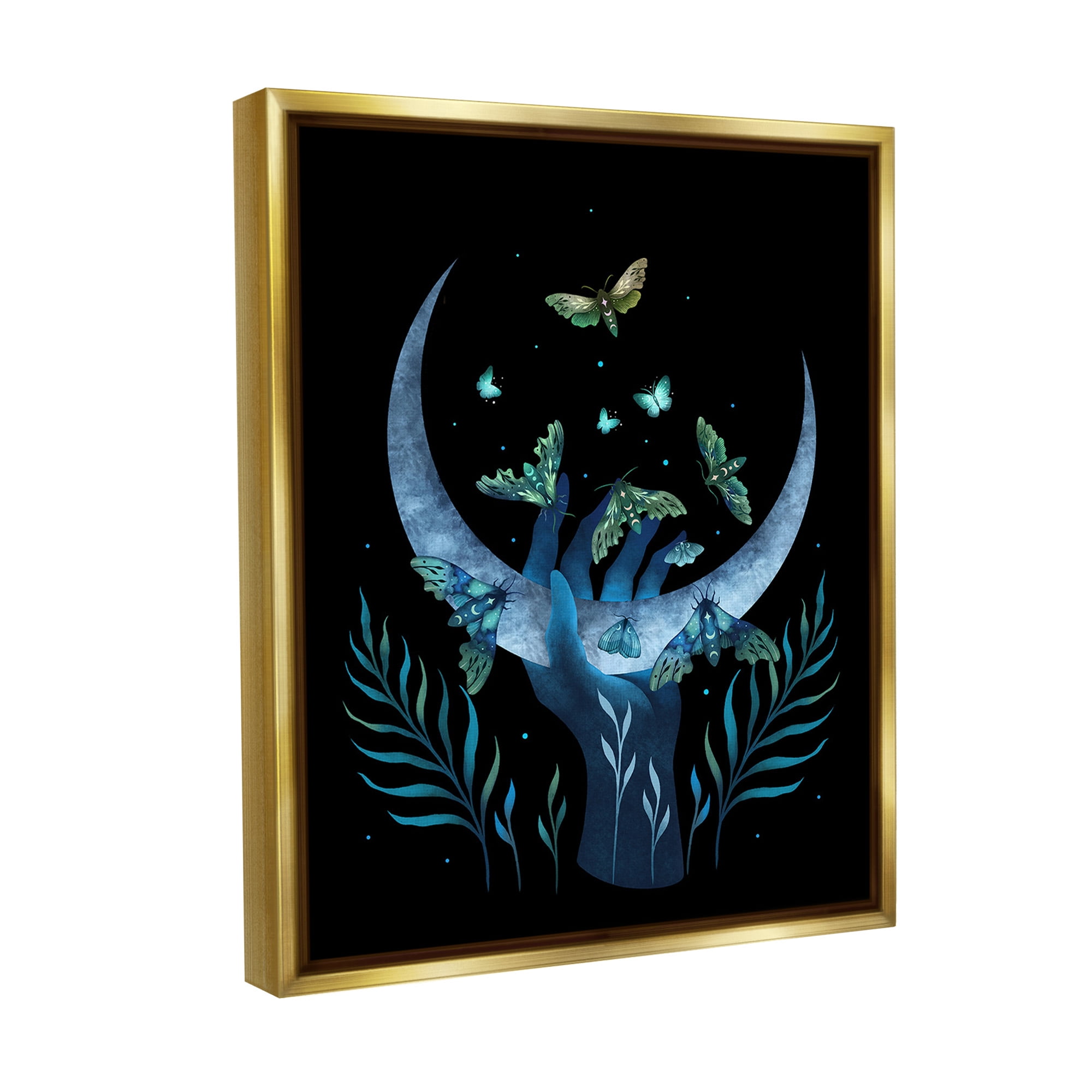 Stupell Industries Holding Moon with Moths Animals & Insects Painting Gold Floater Framed Canvas Art Print Wall Art, 25 x 31