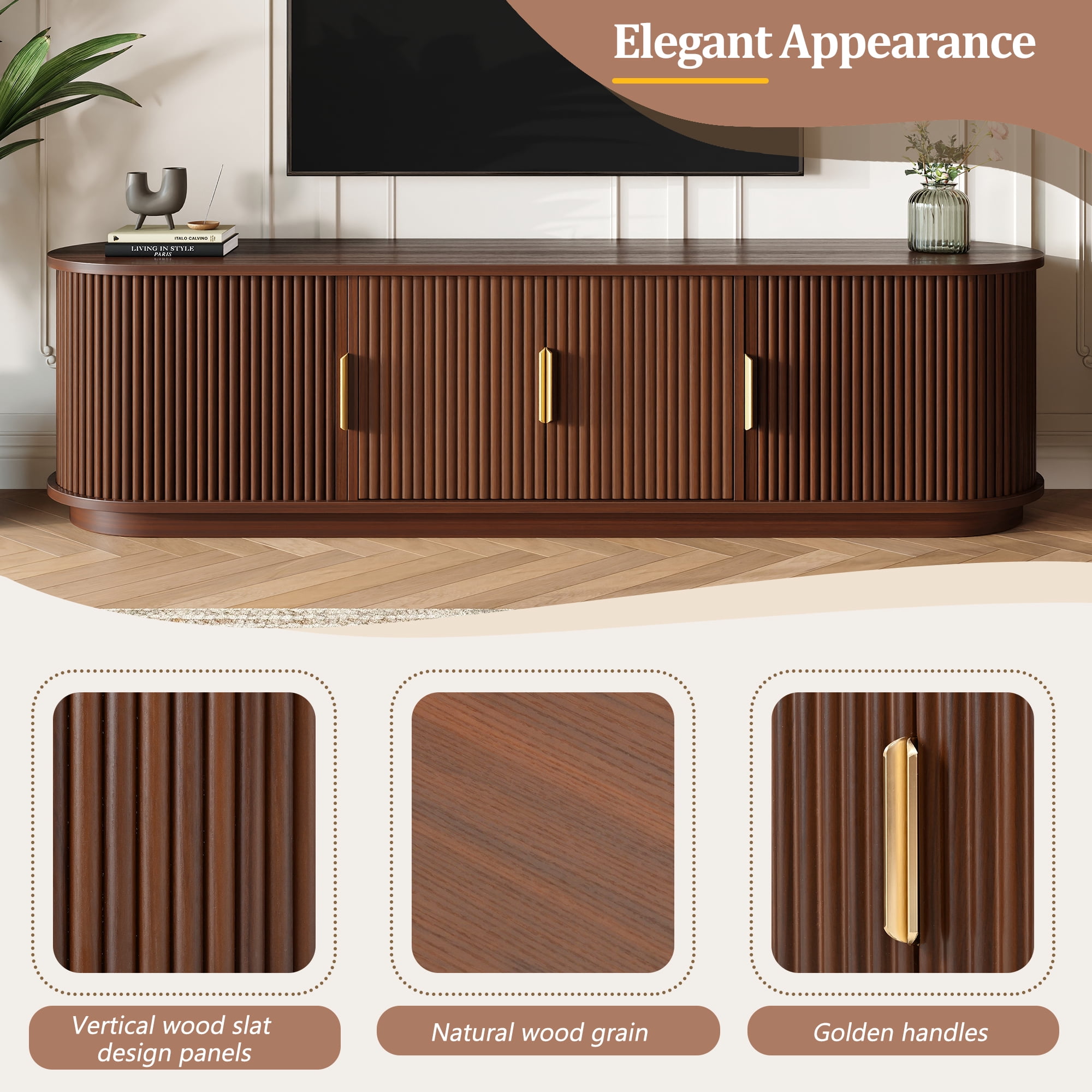 Euroco Farmhouse Wooden TV Stand with Sliding Tambour Door for TVs up to 75", Fluted Media Console with Adjustable Storage, Golden Handle TV Cabinet with Cable holes for Living Room
