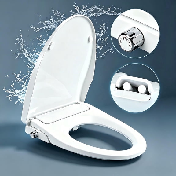 Non-Electric Elongated Bidet Toilet Seat, Dual Self-Cleaning Nozzles, Rear & Feminine Wash, Quiet-Close, Anti-Splash Boost Pressure