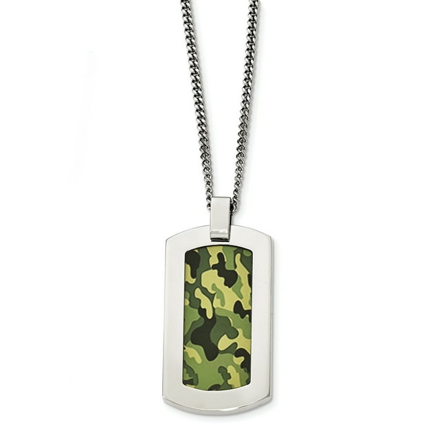 Collier en Acier Inoxydable Imprimé Vert Camouflage sous Caoutchouc 22 Po