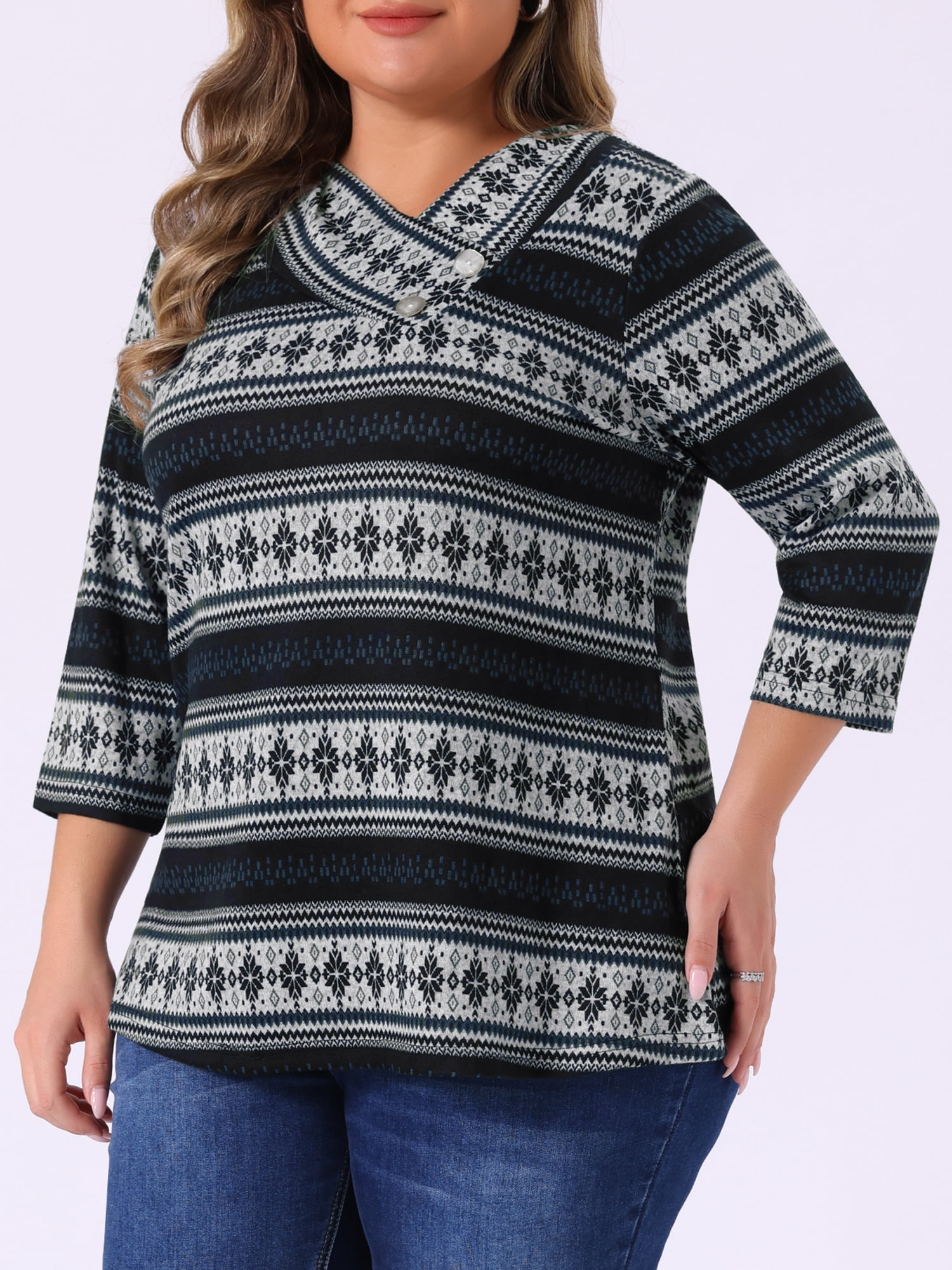 DARING DIVA Women's Plus Tunic Top V Neck Stripe Boho Knit Blouse 2X Gray Black