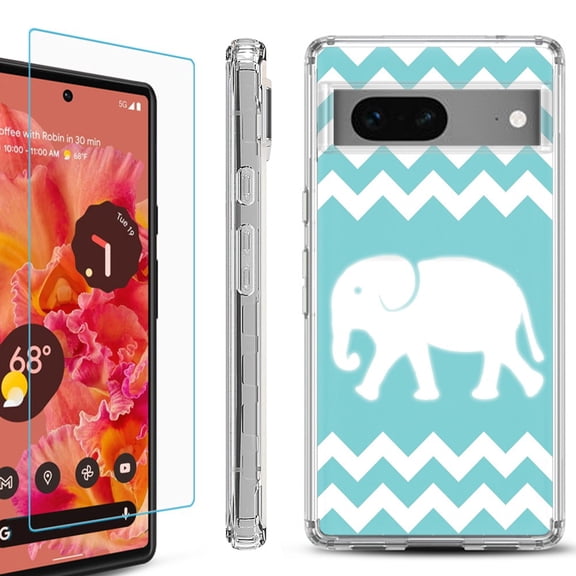 OneToughShield ® for Google Pixel 7a Shockproof Bumper Phone Case, with Tempered Glass Screen Protector - Chevron/Elephant