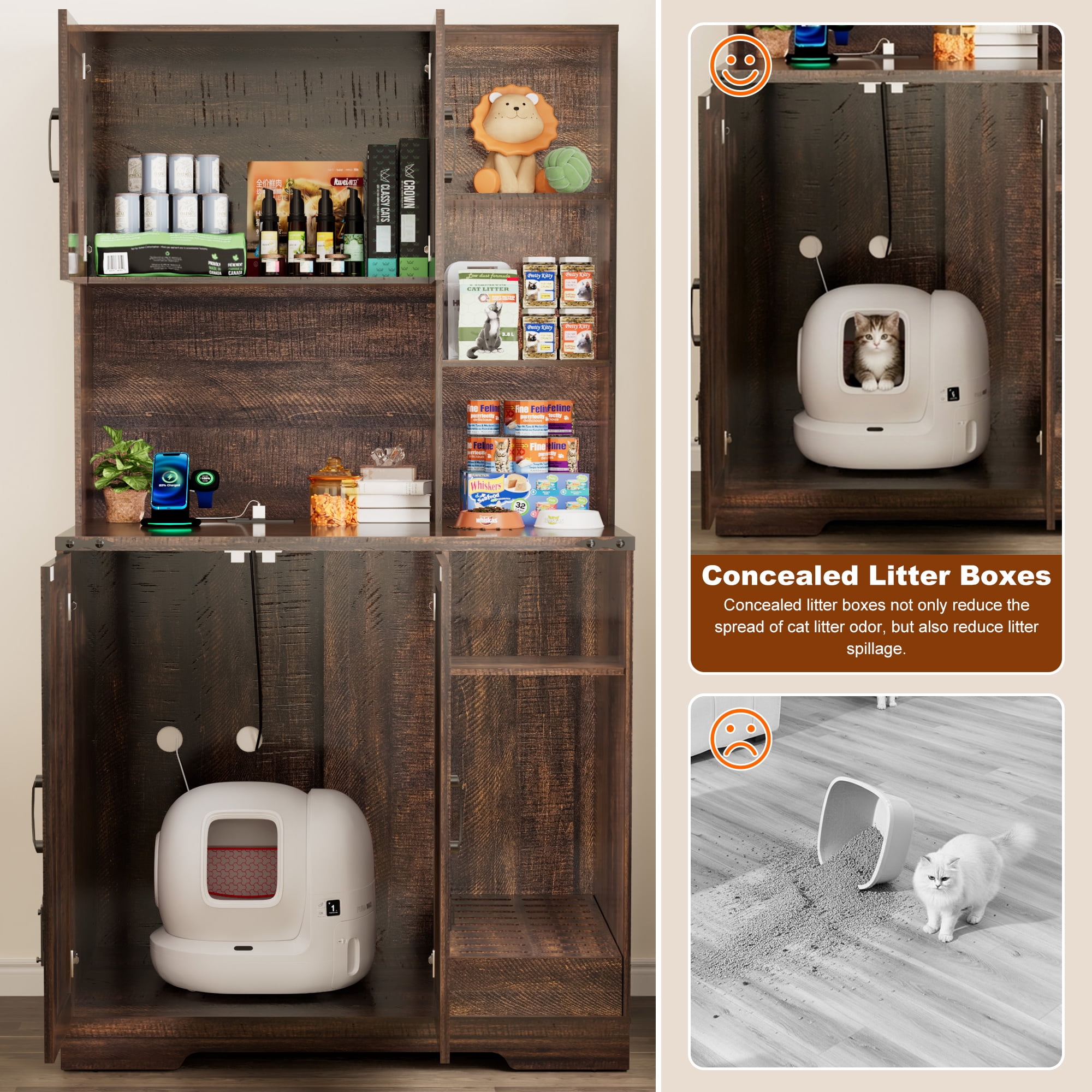 Blotout 71" Tall Farmhouse Cat Litter Box Enclosure W/Open Shelves & Doors, Wooden Cat Litter Box Furniture for Self-Cleaning Litter Boxes, Large Hidden Litter Box Furniture W/ Power Outlets, Locks