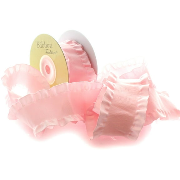 1.5" Satin Double Ruffle Ribbon 117 Light Pink 25 Yard