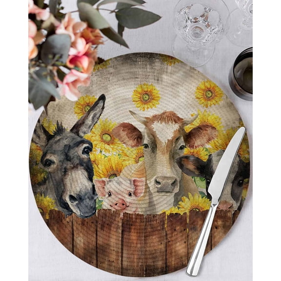 13 Inch Round Placemats Set of 4, Farmhouse Cow Pig Non Slip Heat Insulation PP Table Mats, Vintage Wooden Farm Animals Washable Place Mats for Kitchen Dining Party Table Decor