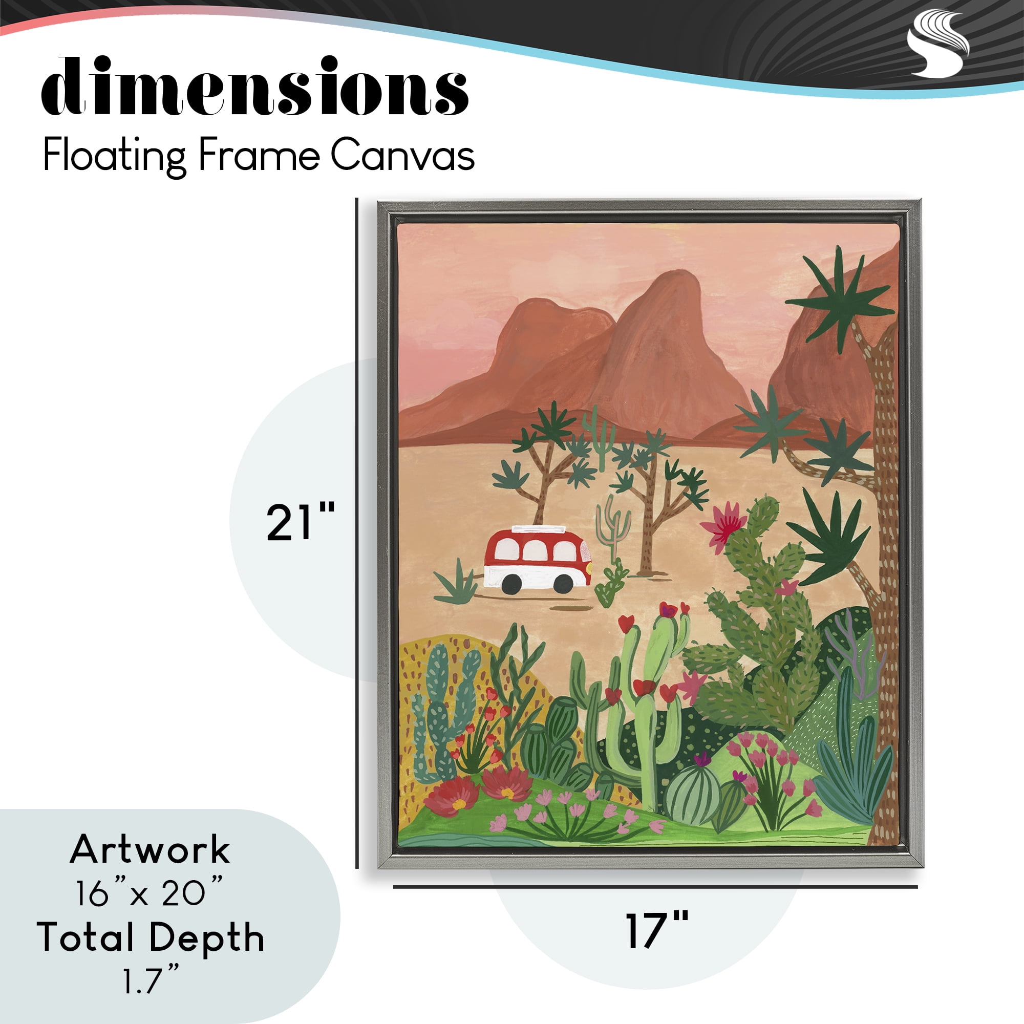 Desert Camper & Cacti Gray Framed Floater Canvas Wall Art, design by Nabeela Rumi