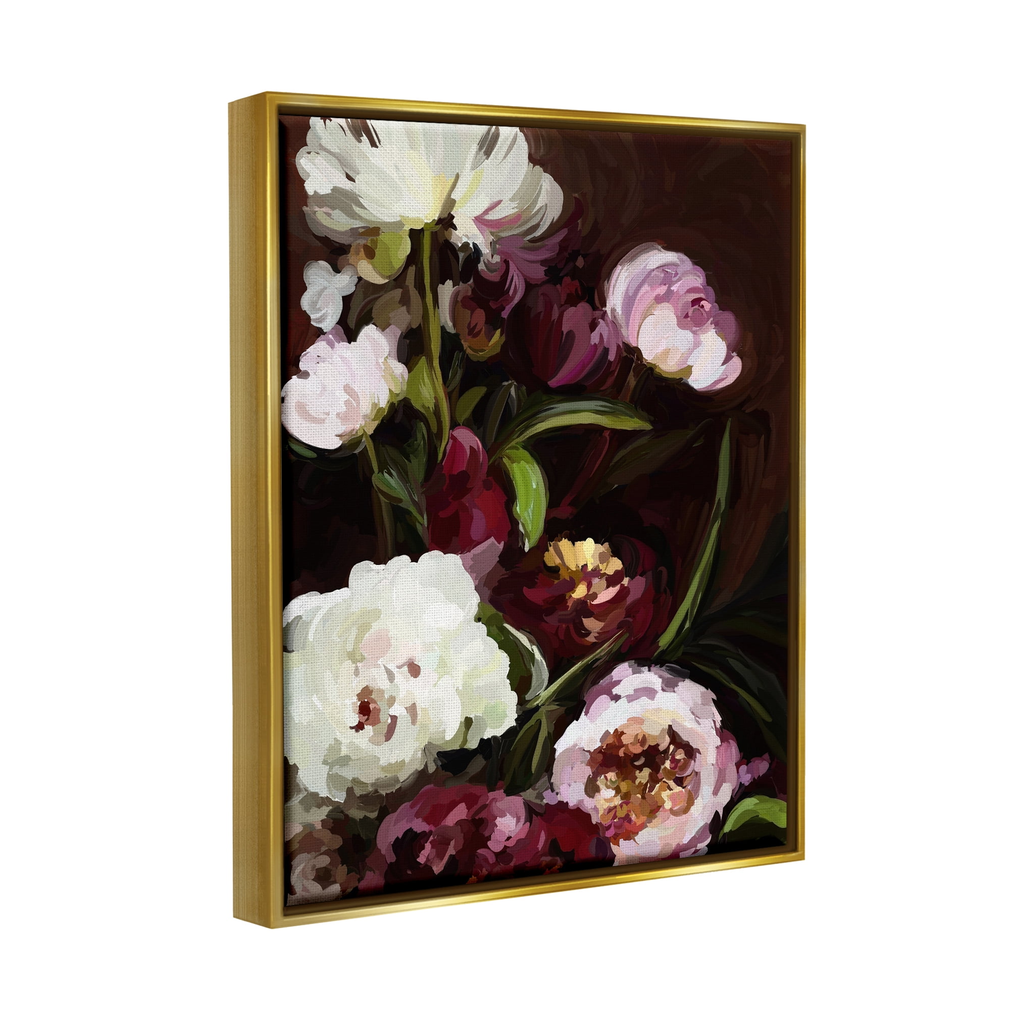 Stupell Industries Modern Roses & Peonies Botanical & Floral Painting Gold Floater Framed Art Print Wall Art, 17 x 21