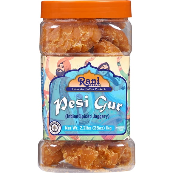 Rani Pesi Gur (Jaggery) Indian Unrefined Raw Cane Sugar 35oz (2.2lbs) 1kg PET Jar ~ Gluten Friendly | Vegan | NON-GMO | Kosher | No Salt or fillers | Indian Product