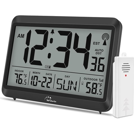 GGSW Clock with Indoor Outdoor Temperature - 8.5'' Digital Clock Battery Operated, Self-Setting, 4 Time Zones, DST