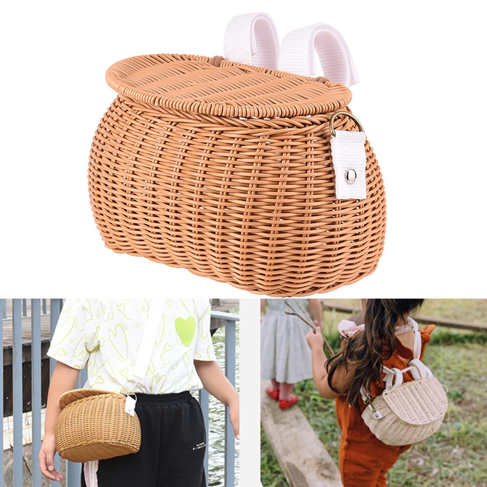 UNTERING Bicycles Wicker Basket Front Handlebars Basket with Belt and Lid Wovens Bikes Basket for Kids Bikes, Scooter