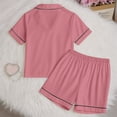 thumbnail image 3 of GobdXE Girls Solid Color Satin Short Sleeve Pajama Set Double Heart Embroidery Notch Collar Button Down Sleep Shorts Loungewear Color:Pink,Size:6-7 Years, 3 of 7