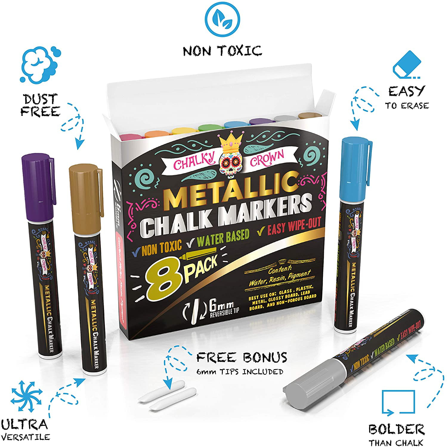 Chalky Crown Metallic Liquid Chalk Markers - Dry Erase Marker Pens - Chalk  Markers for Chalkboards, Signs, Windows - Reversible Tip (8 Pack) - 24  Labels Included 