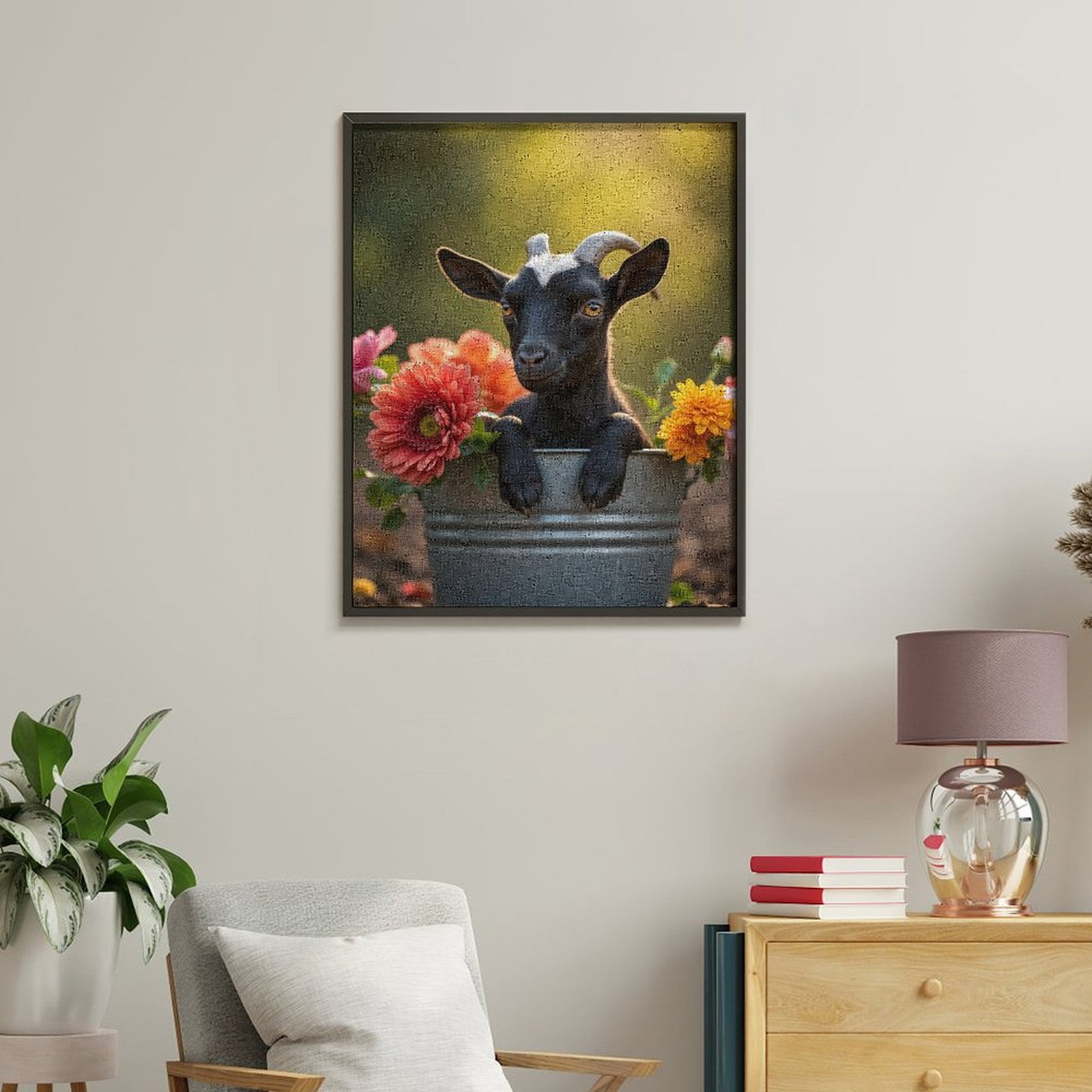 Paint By Numbers Kit for Adults Beginner - DIY Adorable Goat In Flower Pot Canvas Painting Kits for Adults, Frameless Paint By Number for Adults for Home Wall Decor 16x20 Inch