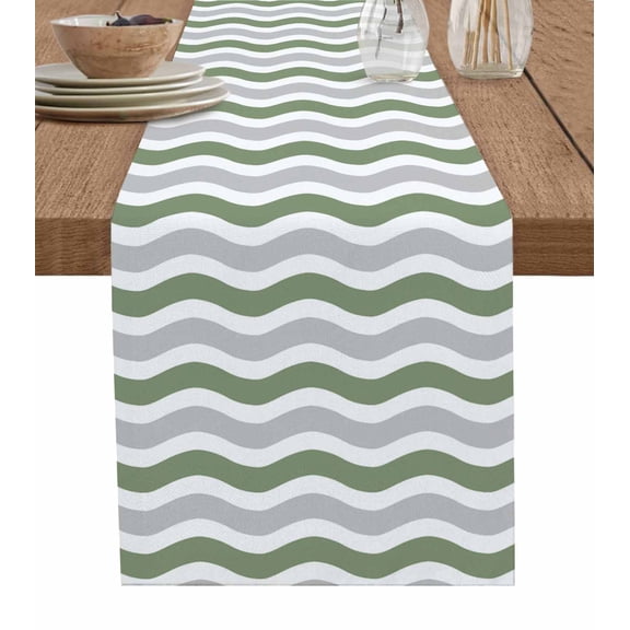 ERUNPONLY Sage Green Grey Table Runner - 60 Inch Long Abstract Geometric Ocean Wave Stripe Cotton and Linen Blended Dress Scarves Farmhouse Table Runner for Kitchen Dining, Coffee Table, 13"x60"