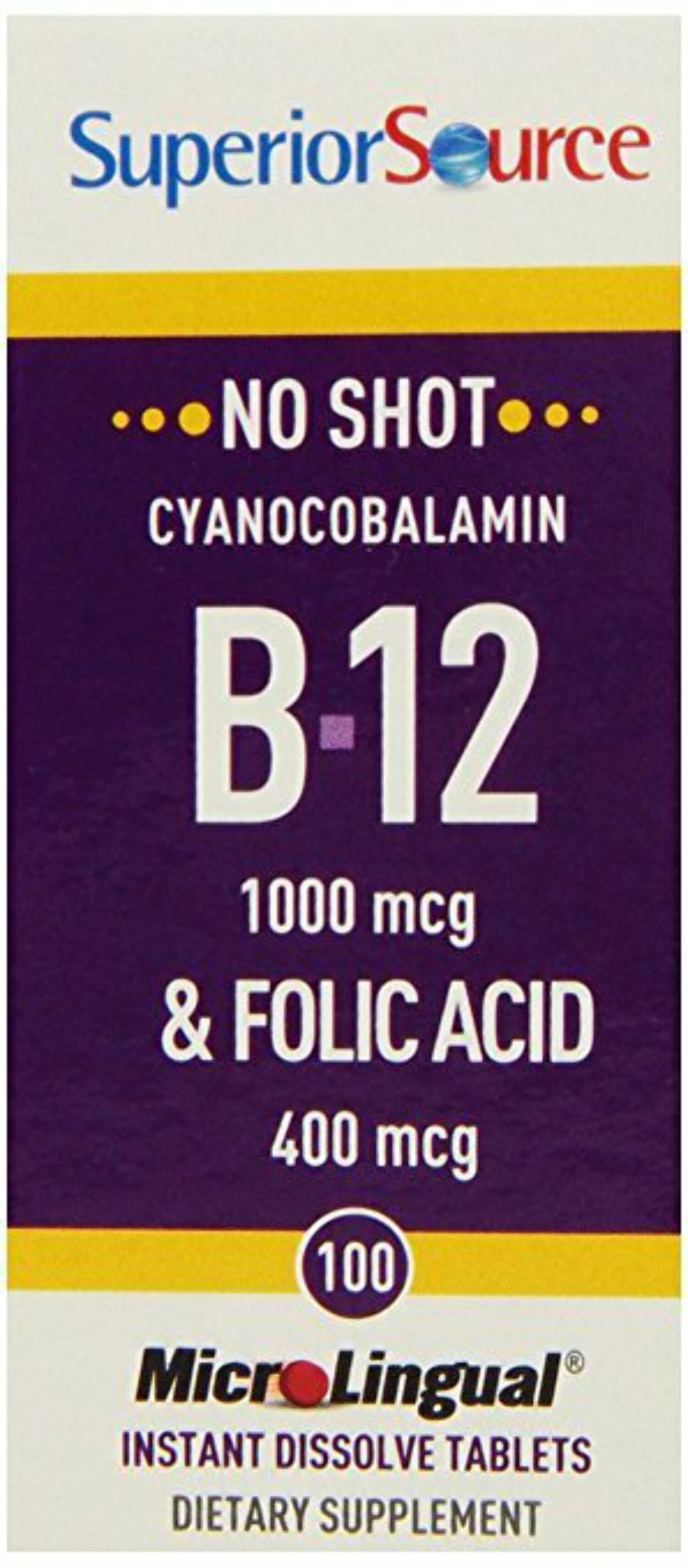 Superior Source No Shot Vitamin B12 Cyanocobalamin (1000 mcg), Folic