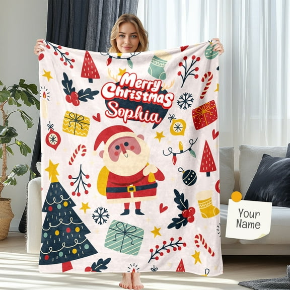 JML Personalized Christmas Blanket with Name, Custom Cute Santa Claus Throw Blanket, Customized Flannel Blanket New Year Gifts