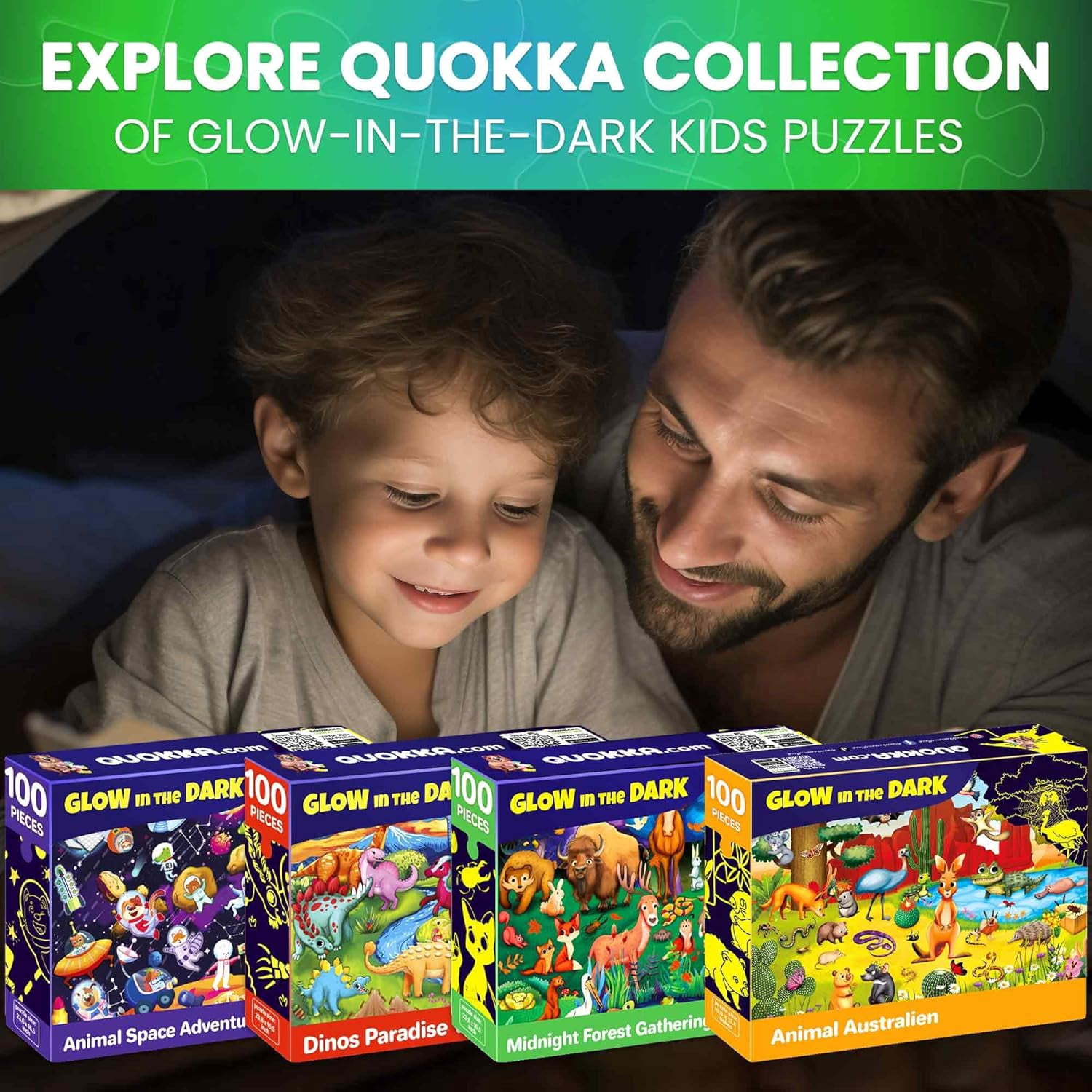 QUOKKA 4x100 Piece Puzzles for Kids Ages 6-8 – Glow-in-The-Dark Puzzles Space, Dinosaurs, Animals – Fun Educational Puzzle for Boys & Girls