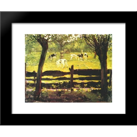Willow Border - Calves in a Field Bordered by Willow Trees 20x24 Framed Art Print by Mondrian, Piet