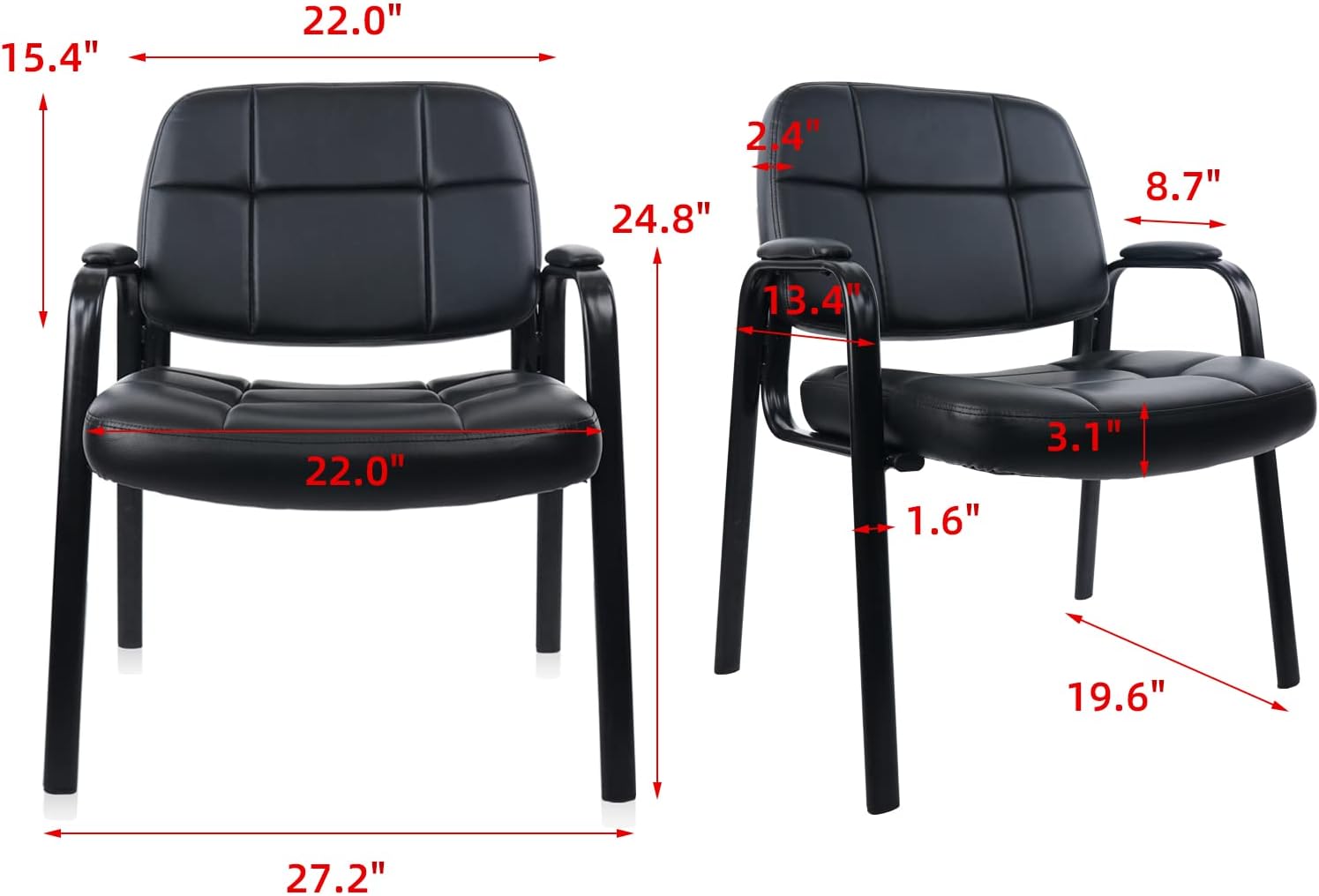 CLATINA Big & Tall 400lbs Waiting Room Guest Chair, Leather Office Reception Chair No Wheels with Padded Arms for Elderly Home Desk Conference Room Lobby Side Salon Clinic, Black(4 Pack) - image 3 of 8