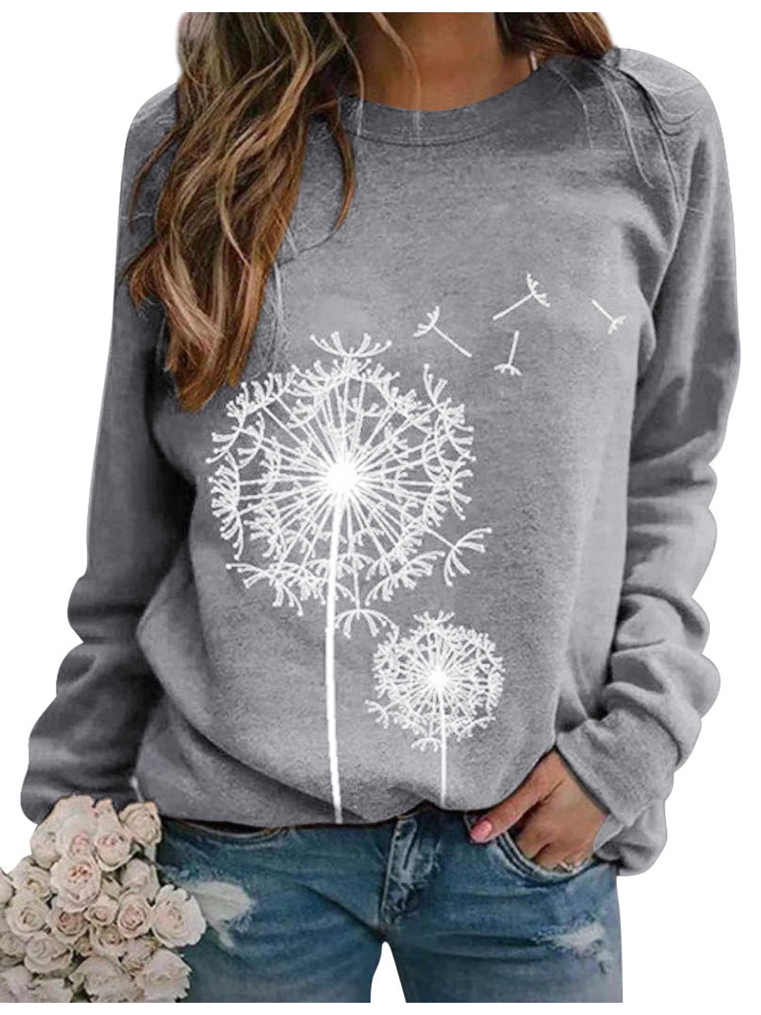 Love Crew Neck Comfy Tees Shirts Top Dandelion with Hearts Womens Crewneck Long Sleeve XX-Large