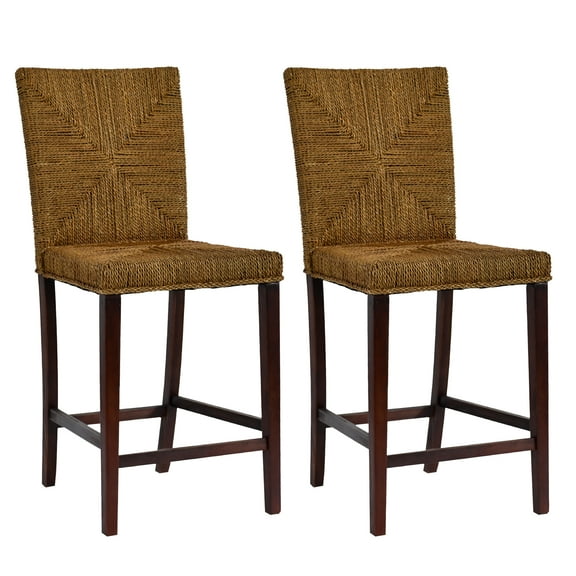 Duhome Handwoven Seagrass Rattan Bar Stools Counter Height Chairs with Mahogany Wood Frame,Set of 2