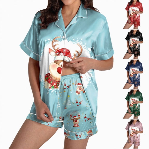 Women Christmas Button Pajama Set For Women Shorts Short Sleeve Knit Sleepwear 2 Pice Sets Tracksuit Pajamas