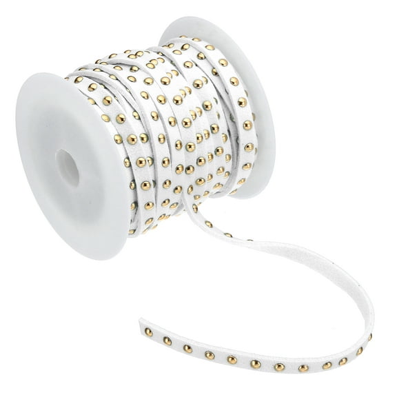 11 Yards Studded Faux Suede Cord Rope for Jewelry Making 5mm Micro Fibre Flat Leather Lace Beading String Ribbon with Rivets, White Golden