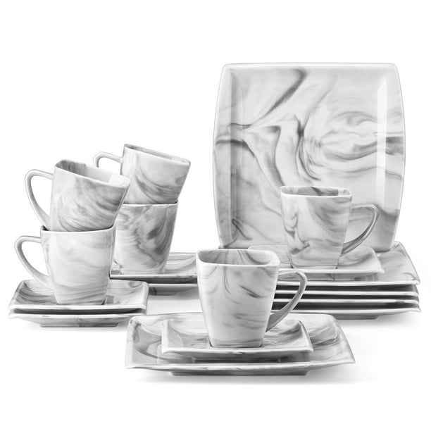 MALACASA Coffee Set, 18Piece Porcelain Dinnerware Set, Marble Grey