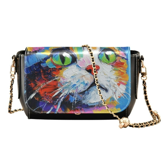 Leather Clamshell Crossbody Bag 10.4x5.5x3.7Inch Women's Crossbody Handbags Shoulder Purse Bank Card Bag Cash Bag Key Bag Painting Cat