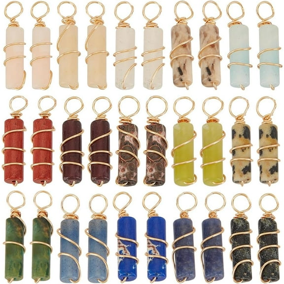 30pcs 15 styles Natural Mixed Gemstone Copper Wire Wrapped Big Pendants Column Charms Golden 52mm 2pcs/style