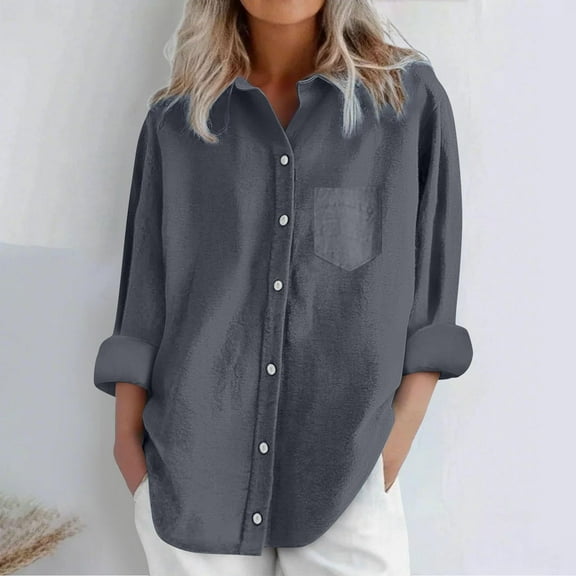 Busydd Shirts for Women Trendy Solid Color Long Sleeve Women Blouses Dressy Casual Round Neck Spring Summer Tops Button Down Shirts with Pocket S