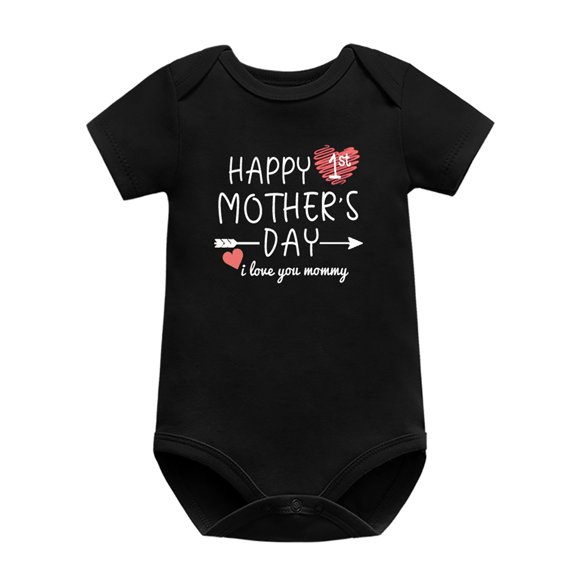 Curuila Newborn Girls Romper Short Sleeve Crew Neck Letter Print Bodysuit For Summer Fashionable Jumpsuit Black Size 9-12 Months