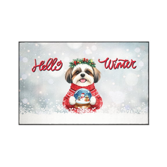 Hello Welcome Winter Shih Tzu Holding Snow Globe Snowman Indoor Rug Lion Dog Lover Gifts Carpet Living Bed Room Sofa Home Decor - 13015