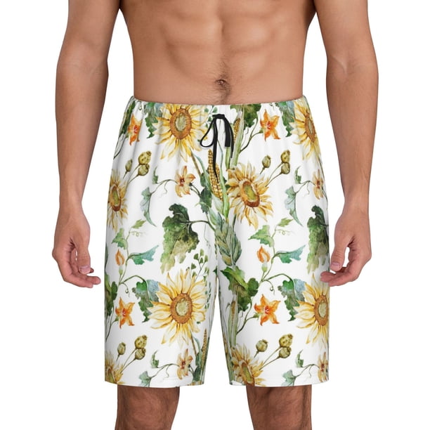 Balery Watercolor Bright Sunflowers Pantalones cortos de pijama de punto de algodón para hombre con cinturilla y bolsillos-Large