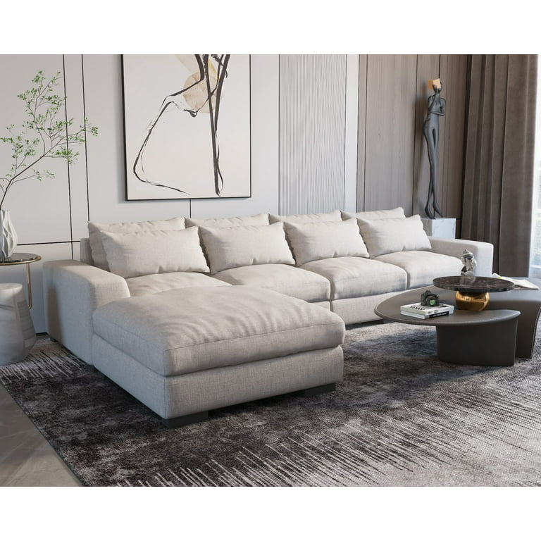 Sectional Sofa Couch,Feather Filled Wide Reversible Sofa Chaise, L Shaped  Sofa Couch Set with Storage Ottoman - Light Grey