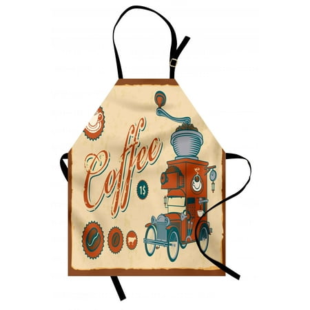 Retro Apron Artsy Commercial Design of Vintage Truck with Coffee Grinder Old Fashioned, Unisex Kitchen Bib Apron with Adjustable Neck for Cooking Baking Gardening, Cream Orange Grey, by