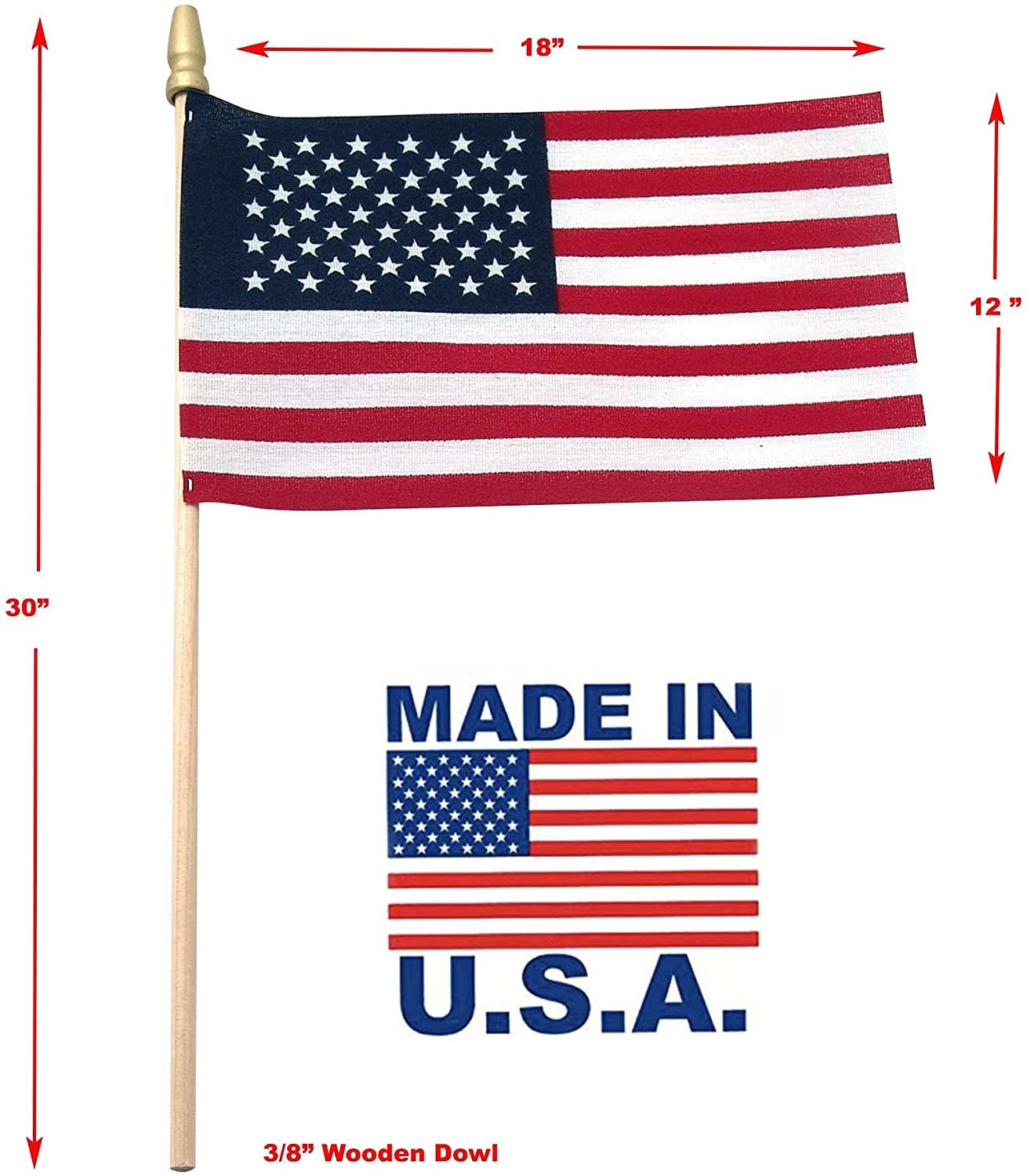 Handheld Spearhead American Flags 12 x 18 inch. Handheld Stick Flags with  SpearTop Great for Patriotic Decorations or Celebrations. Made in the USA  Qty-12