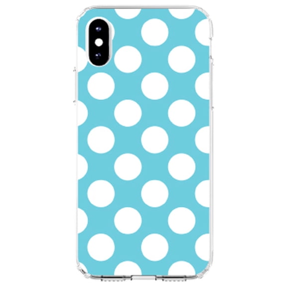 DistinctInk Clear Shockproof Hybrid Case for iPhone XR (6.1" Screen) - TPU Bumper, Acrylic Back, Tempered Glass Screen Protector - White & Blue Polka Dots