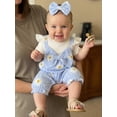 thumbnail image 6 of BemeyourBBs Infant Baby Girl Summer Clothes Floral Patchwork Romper Ruffle Short Sleeve Daisy Print Fake Two-piece Front Bow Jumpsuit with Headband, 6 of 9